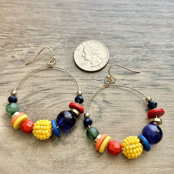 Colorful Gold Multi Color Beaded Hoop Earrings-New - Picture 3 of 7